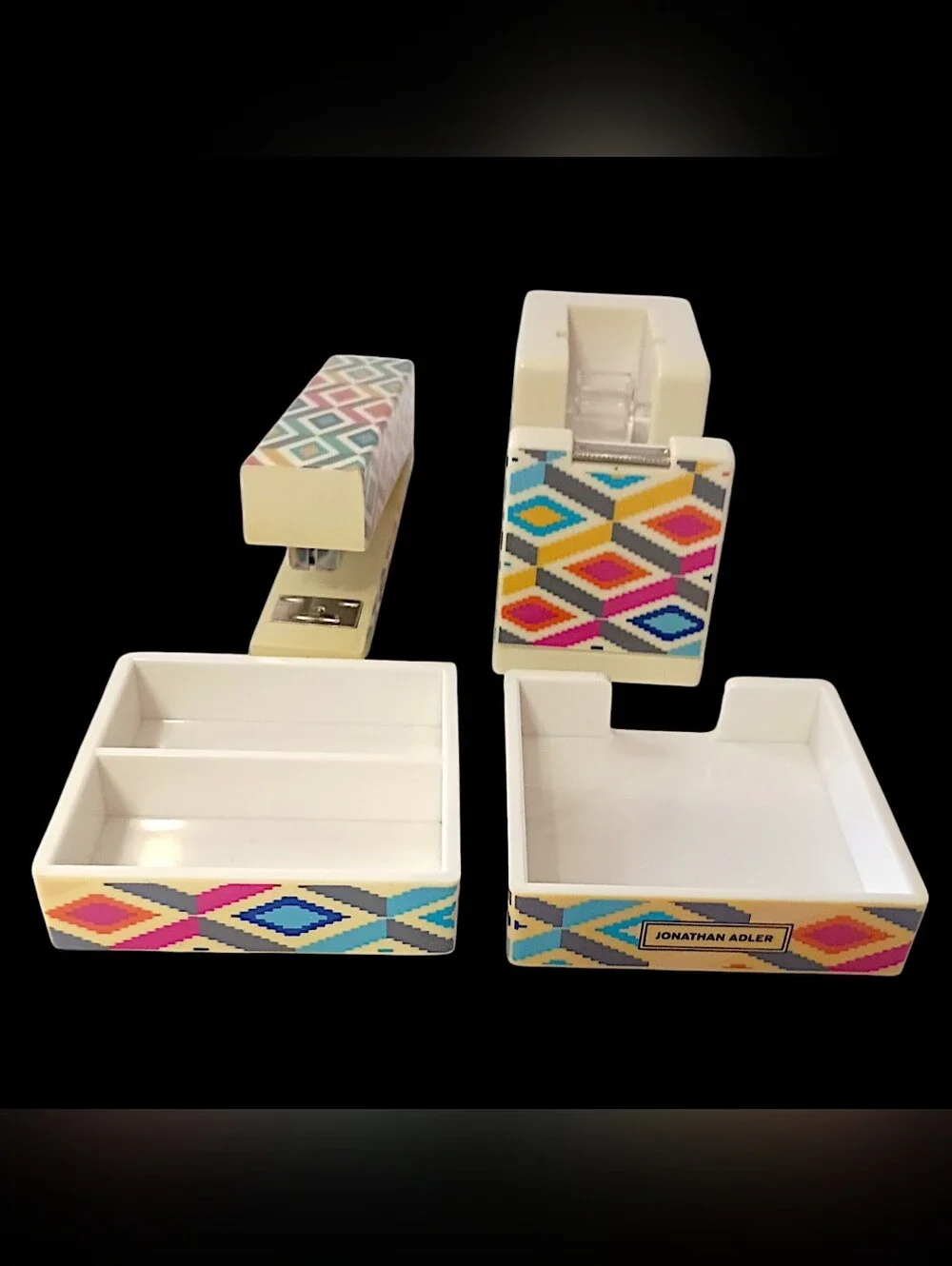 Vintage Jonathan Adler Desk Set Organizer Tape Dispenser Stapler Memo Tray 4 Pc